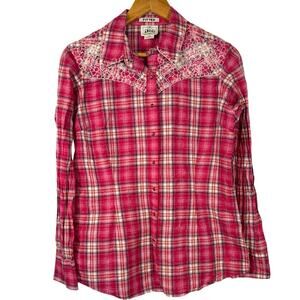 Ariat Pink Plaid Pearl Snap Button Up Shirt Large Embroidered Metallic
